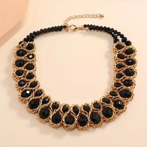 Elegant Two Rows Braided Black Artificial Crystal Decor Necklace.